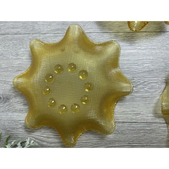 Set Of 3 Vintage Amber Gold Ruffled Edge Waffle Bowls Colony Glass? 7” And 5” - Picture 5 of 9